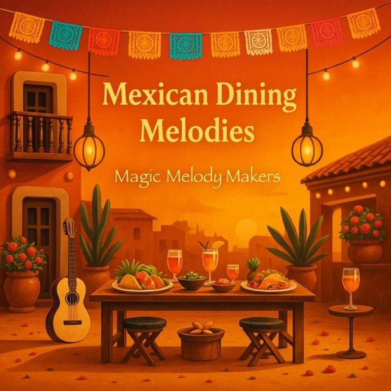 Festive, melodic instrumentals with acoustic guitars and gentle rhythms. 